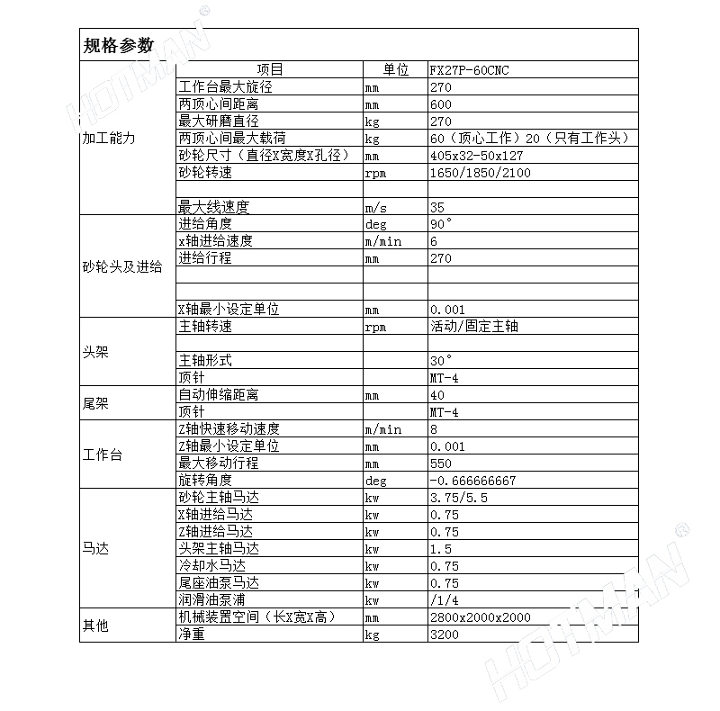 豪特曼FX27P-60CNC高精度直进式外圆磨床产品技术参数